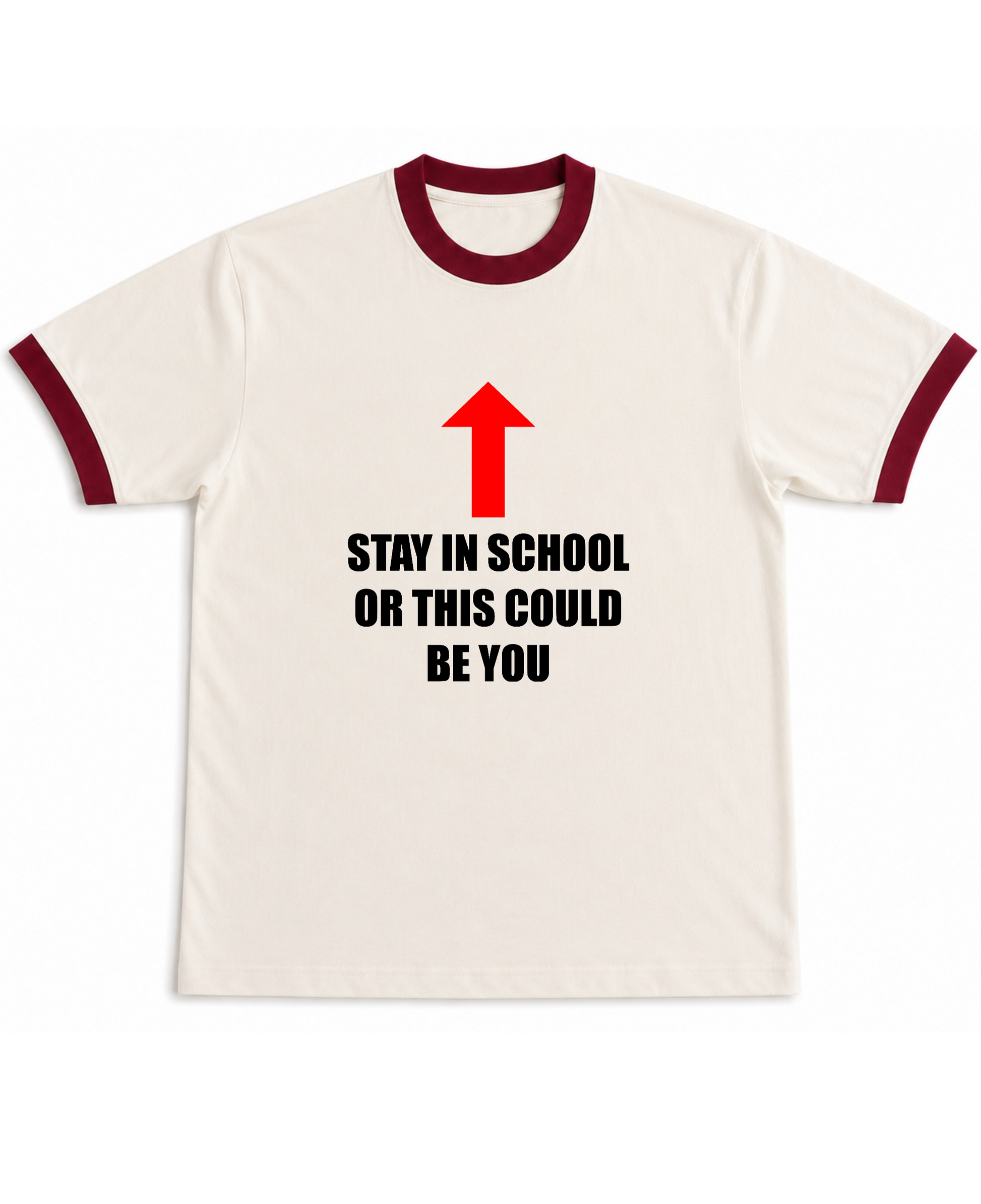Stay in School  - Ringer Tee - Off White & Maroon Ringer tee Front