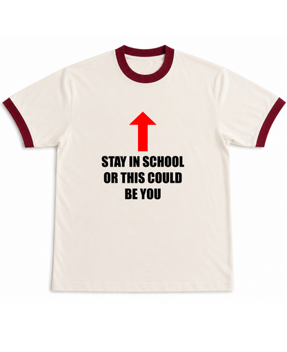 Stay in School  - Ringer Tee - Off White & Maroon Ringer tee Front