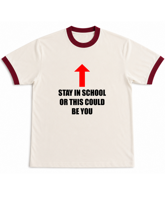 Stay in School  - Ringer Tee - Off White & Maroon Ringer tee Front
