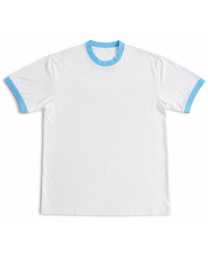 2 - White & Sky Blue Ringer tee Front